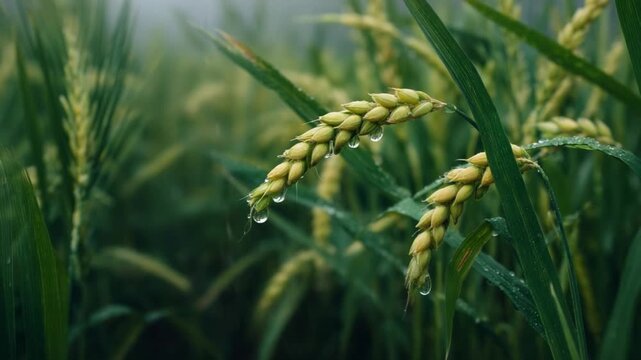 Golden Wheat in Dew: A macro shot unveils the intricate beauty of golden wheat in the field, showcasing the detail of individual kernels with tiny droplets.