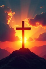 Obraz premium Symbolic representation of Christian salvation; a cross silhouetted against a radiant sunrise, conveying hope and redemption , christ, eternity, heaven