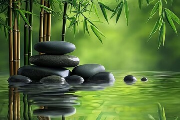 Tranquil ambiance created by bamboo elements and stone accents in a spa.