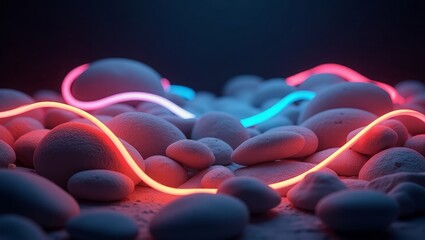 Smooth stones glowing neon pebbles light