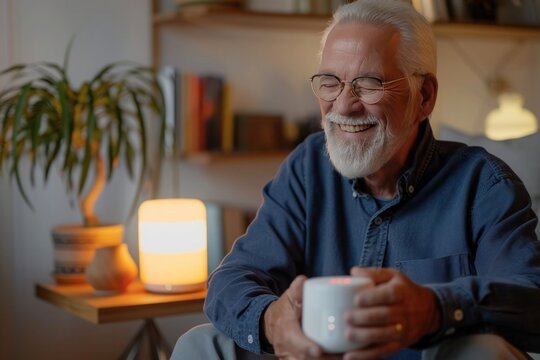 Senior woman uses voice assistant in warm living room with smart lighting