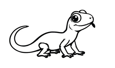 Fototapeta premium Minimal black line vector of a lizard in side view with a curved body and large eye. Simple outline design on a clean white background.