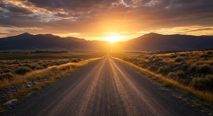 Solitary road at dusk, with the setting sun creating a stunning golden glow over the peaks.

