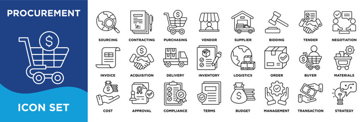 Procurement icon collection set. Containing sourcing,contracting,purchasing,vendor,supplier,bidding,tender,negotiation,invoice,order icon. Simple line vector.