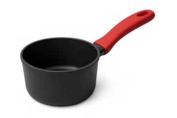 Black saucepan with red handle on transparent background