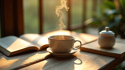 Steaming cup of tea beside an open book on rustic wooden table in warm morning light, capturing a moment of peaceful solitude perfect for mindfulness and slow lifestyle promotion visuals