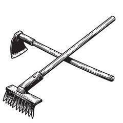 Obraz premium Hand drawn illustration of crossed garden tools hoe and rake on white background