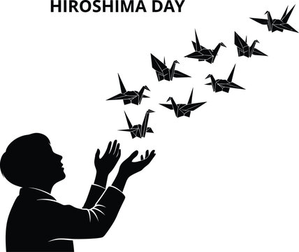 Vector art of a silhouette of a woman releasing paper cranes into the sky hiroshima day, symbolizing peace and remembrance