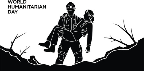 Vector art of a rescue worker carrying a victim world humanitarian day, symbolizing compassion and aid in times of crisis