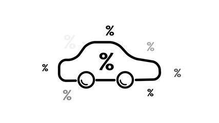 Car with a percentage symbol, representing an auto loan, vehicle financing, or car interest rate. Ideal for banking, vehicle loan interest icon animation .