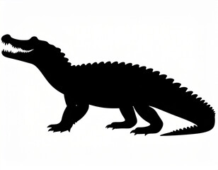 Fototapeta premium Crocodile Silhouette Illustration: Black Vector of Wild Reptile in Side Profile with Sharp Teeth and Tail in Minimal Flat Style for Wildlife Design and Nature Element on White Background
