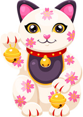 Japanese Maneki Neko lucky cat cartoon character with golden bells, vector fortune symbol. Japanese Maneki Neko cat or kitty kitten waving paw with golden bells on collar and pink flowers ornament