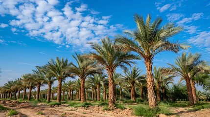 A picturesque view of a date palm grove with clusters of dates ready for harvest under a clear blue sky