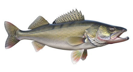 Ai generated image of a walleye fish, a popular game fish in north america, is isolated on transparent background, ready for the anglers hook