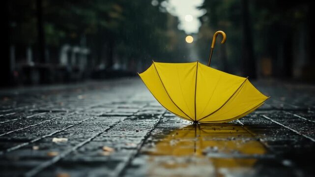 Yellow umbrella rests on rain-slicked pavement, blur background