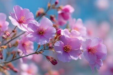 close-up of blooming pink cherry blossoms in spring sunlight