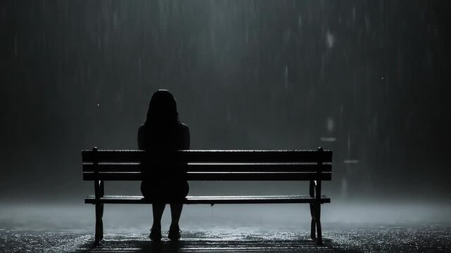 Silhouette of a woman sitting alone on a park bench in the rain at night.