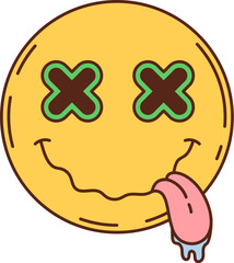Retro hippie dead emoji face groovy symbol. Mood or emotion emoji funny face with dead eyes and saliva dripping from tongue. Caricature emoticon expression funky retro vector icon, hippie 60s symbol