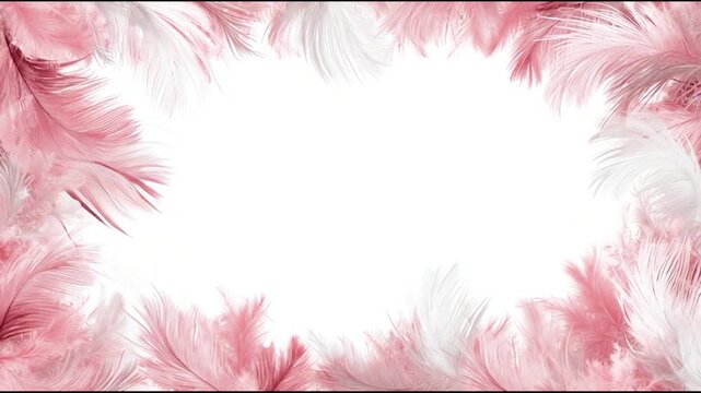 Soft pink and white feathers create a delicate border on a white background, forming a gentle frame.