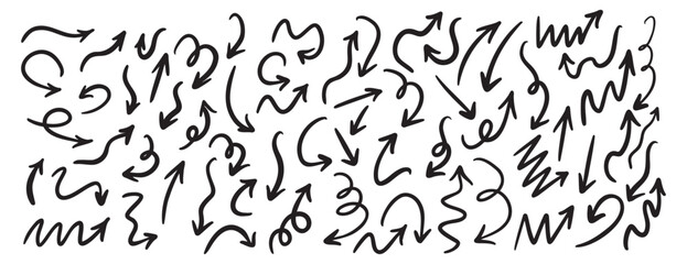 Hand drawn vector arrows doodle set on white background. dynamic arrows element