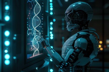 AI robot studies DNA on hologram in dark sci-fi lab, futuristic style