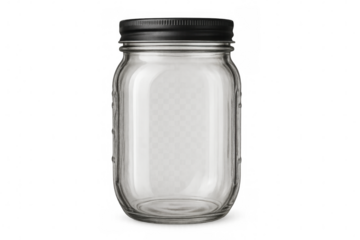 Transparent glass jar with black screw lid isolated
