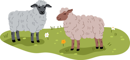 Two fluffy sheep, one gray and one brown gazing on grassy field with scattered flowers, representing peaceful farm and rural life. Cartoon flat vector domestic livestock animals with thick woolly coat
