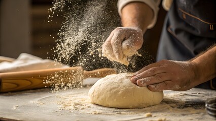 A woman's hands knead dough dusted with flour on a wooden table, preparing homemade bread