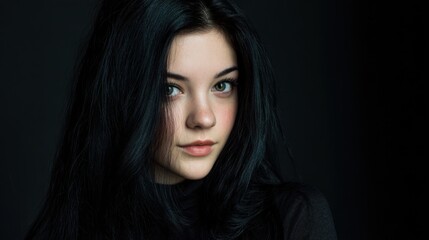 Fototapeta premium A young woman poses gracefully against a dark background, showcasing her long dark hair and expressive eyes. The soft lighting highlights her features beautifully.