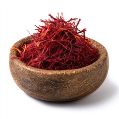 Naklejka premium Red spice threads in a dark wood bowl