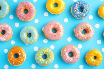 Vibrant and Delicious Donuts Arrayed on a Whimsical Polka Dot Background, Ready to Delight