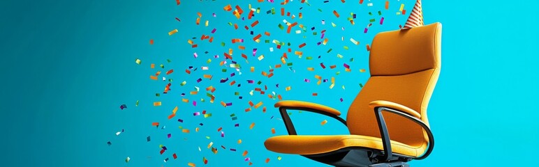 An office chair celebrates in style with a tiny party hat.