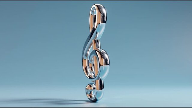 A shiny metallic treble clef stands upright against a smooth blue background.