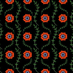 Abstract symmetrical pattern featuring delicate teal botanical branches with dotted tips accented by soft red and green on a gradient background. Ideal for fabric wallpaper or digital art design.