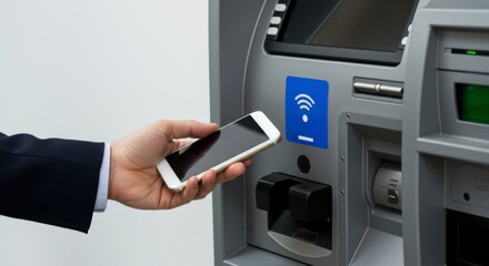 Mobile payment transaction at atm urban location technology interaction modern environment close-up viewpoint financial convenience