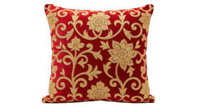 Red decorative throw pillow with golden floral embroidery isolated on transparent background