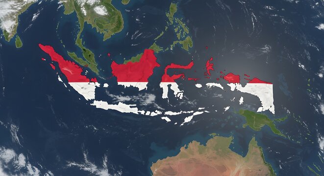 Satellite view of Earth showing the map of Indonesia filled with its red and white national flag.