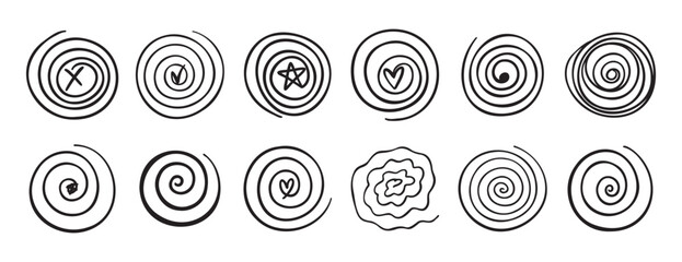 Doodle spiral swirl motion element set. abstract hand drawn round spiral line. spiral with a symbol inside