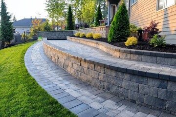 Transform your garden with a landscaped patio, complete with a practical retaining wall and patterned pavers.