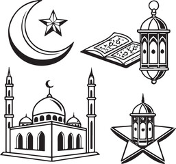 Black and White Islamic Vector Set with Mosque, Quran, Crescent Moon, Star, Lantern, and Minaret