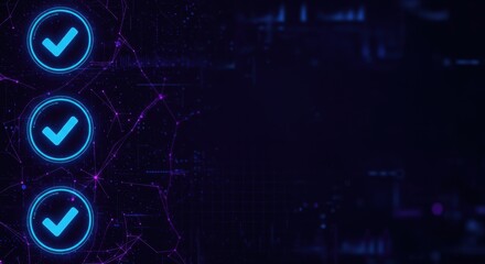 Digital Checklist, Neon Checkmarks, Tech Background - Dark Mode