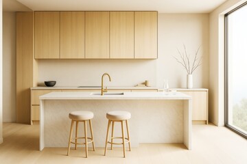Minimalist modern kitchen interior with light wood cabinets, marble island, and natural lighting in contemporary architectural space.