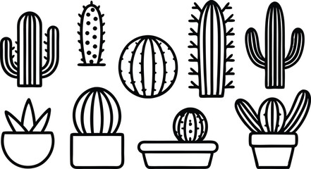 Collection of various cactus plants in pots silhouette