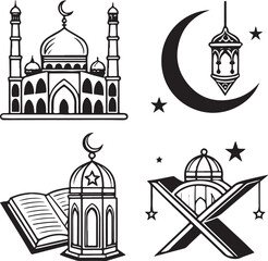 Black and White Islamic Vector Set with Mosque, Quran, Crescent Moon, Star, Lantern, and Minaret
