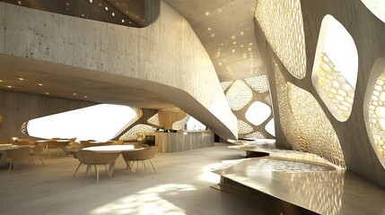 Obraz premium Modern, organic interior design with curved lines and cellular patterns, bathed in warm light. Furniture