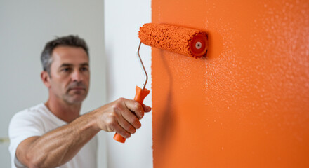 Man painting orange wall home improvement