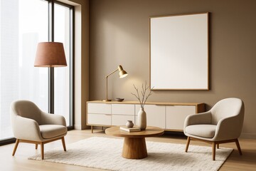 Modern minimalist living room interior with beige armchairs, wooden table, floor lamp, and blank poster on wall in soft natural light setting.