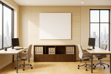 Modern office interior with blank white canvas on light wooden wall and large windows overlooking city skyline, ideal for branding or design mockup.