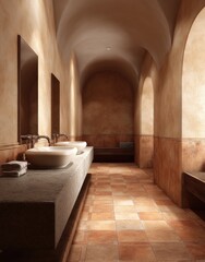 Interior of a terracotta-toned hallway with arches, sinks, and benches
