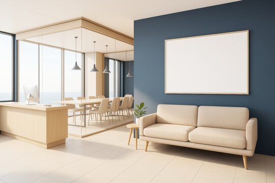 Modern office interior with beige sofa, blank frame on blue wall, wood desk and glass meeting room in bright daylight. Ai generative.